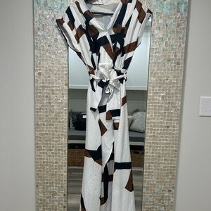 White Geometric Print Wrap Jumpsuit with Brown & Black Accents